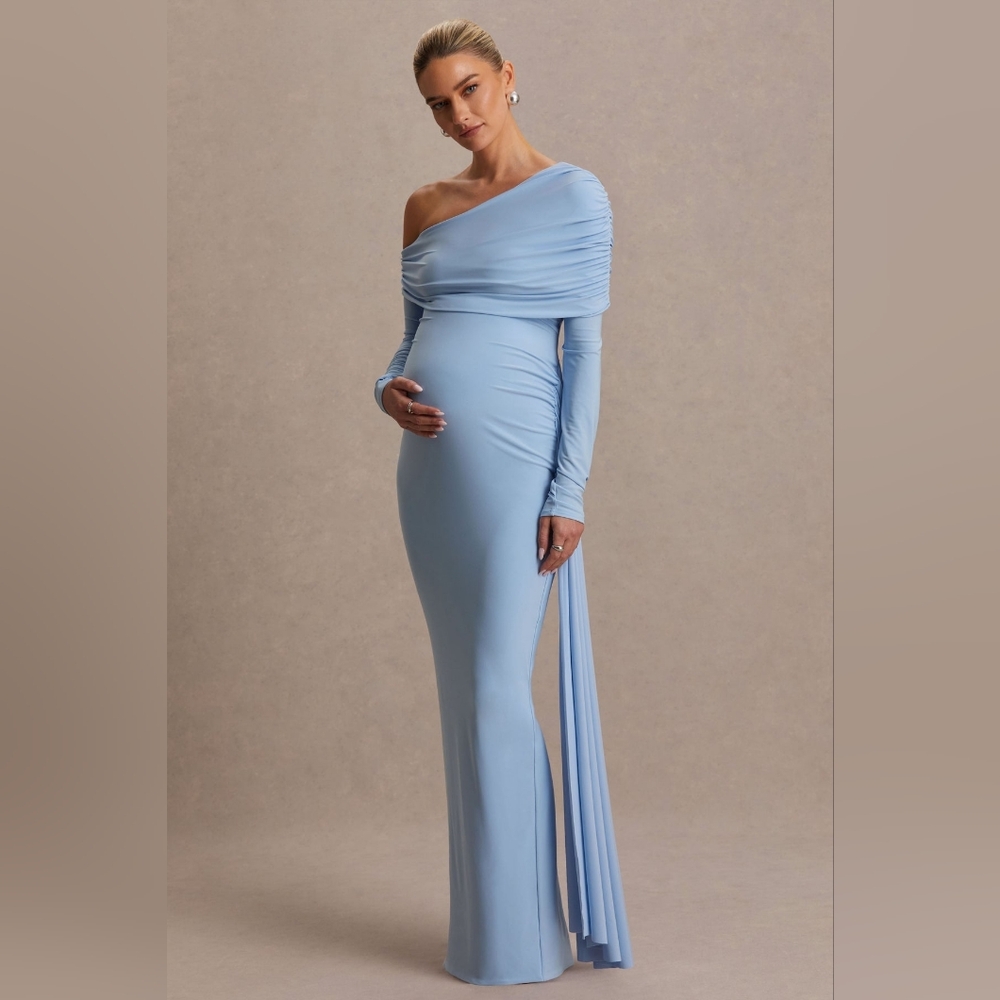 Powder Blue One-Shoulder Maternity Maxi Dress w/ Sash